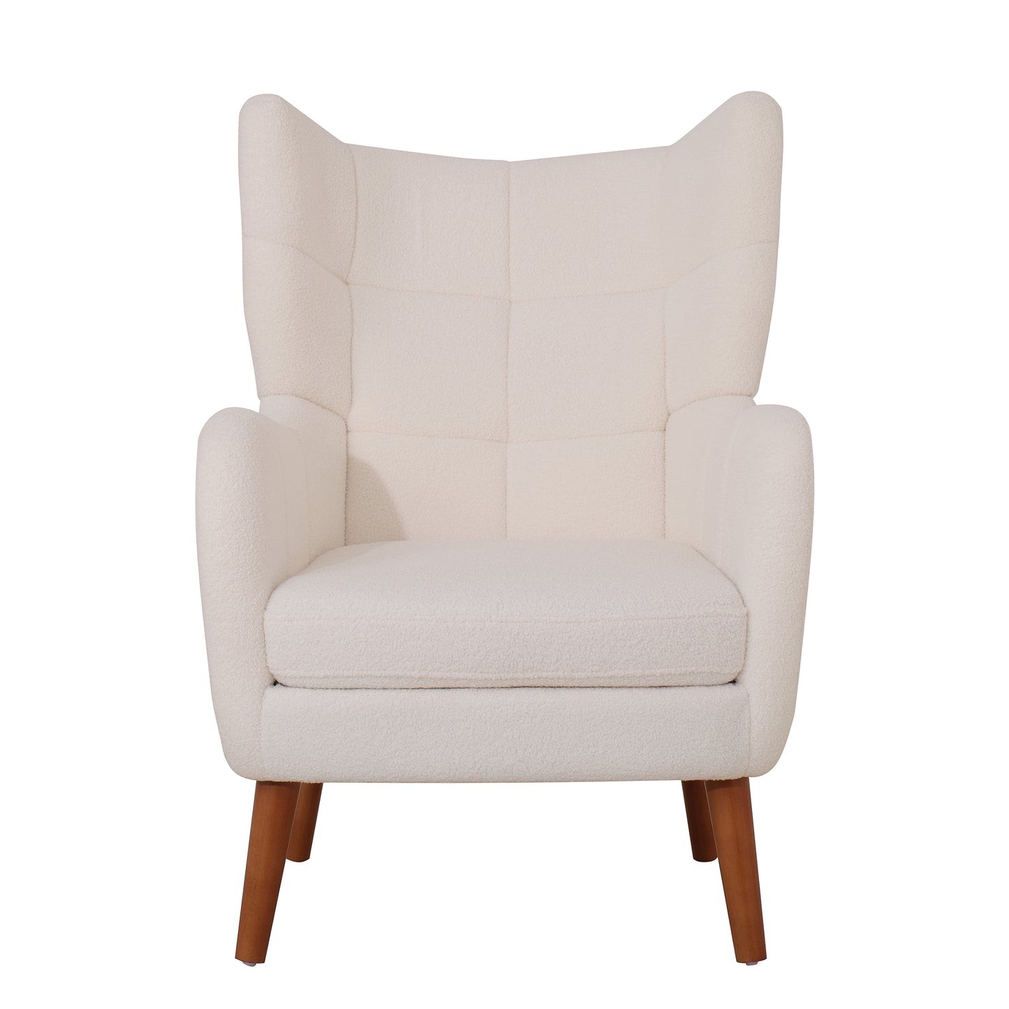 Mid-Century Ivory White High Back Accent/Club Chair with Thick Cushion, Modern Armchair with Round Arm and Birch Wood Legs, Teddy Wool Fabric, for Living Room, Office, Balcony, Bedroom and Study Room