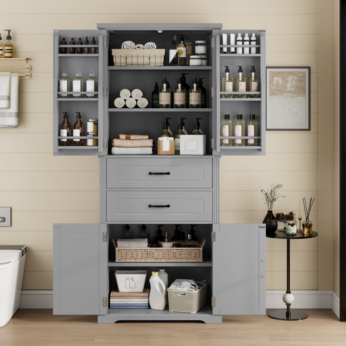 Elegant Multi Functional Storage Cabinet With Slide Rail Drawers, Adjustable Shelves