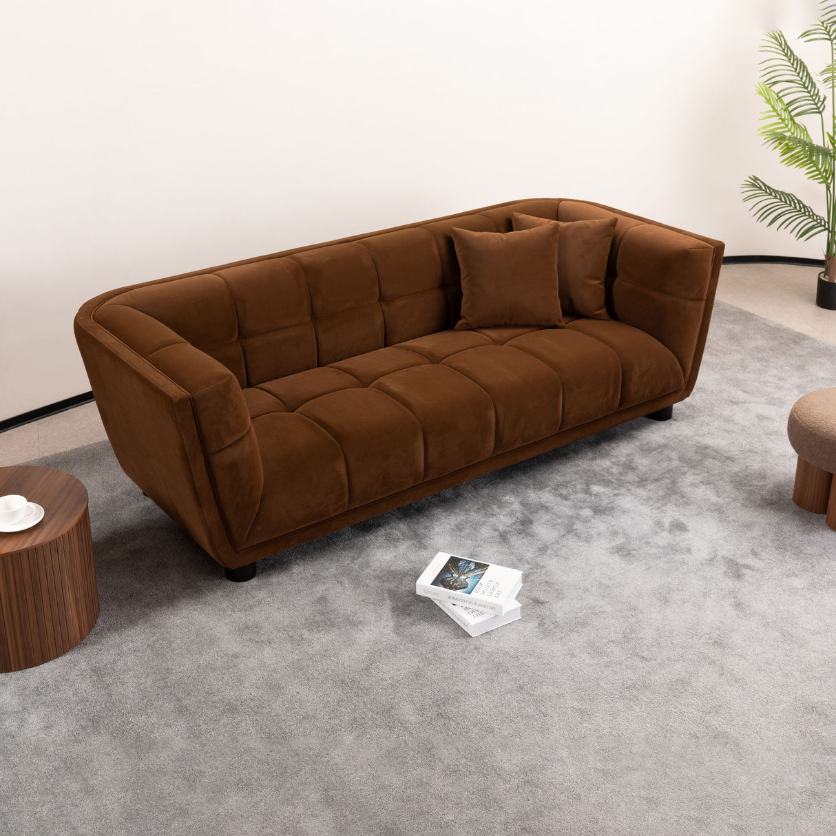 Mid-Century Modern Style Sofa With Velvet Fabric And Solid Wood Feet For 2 People