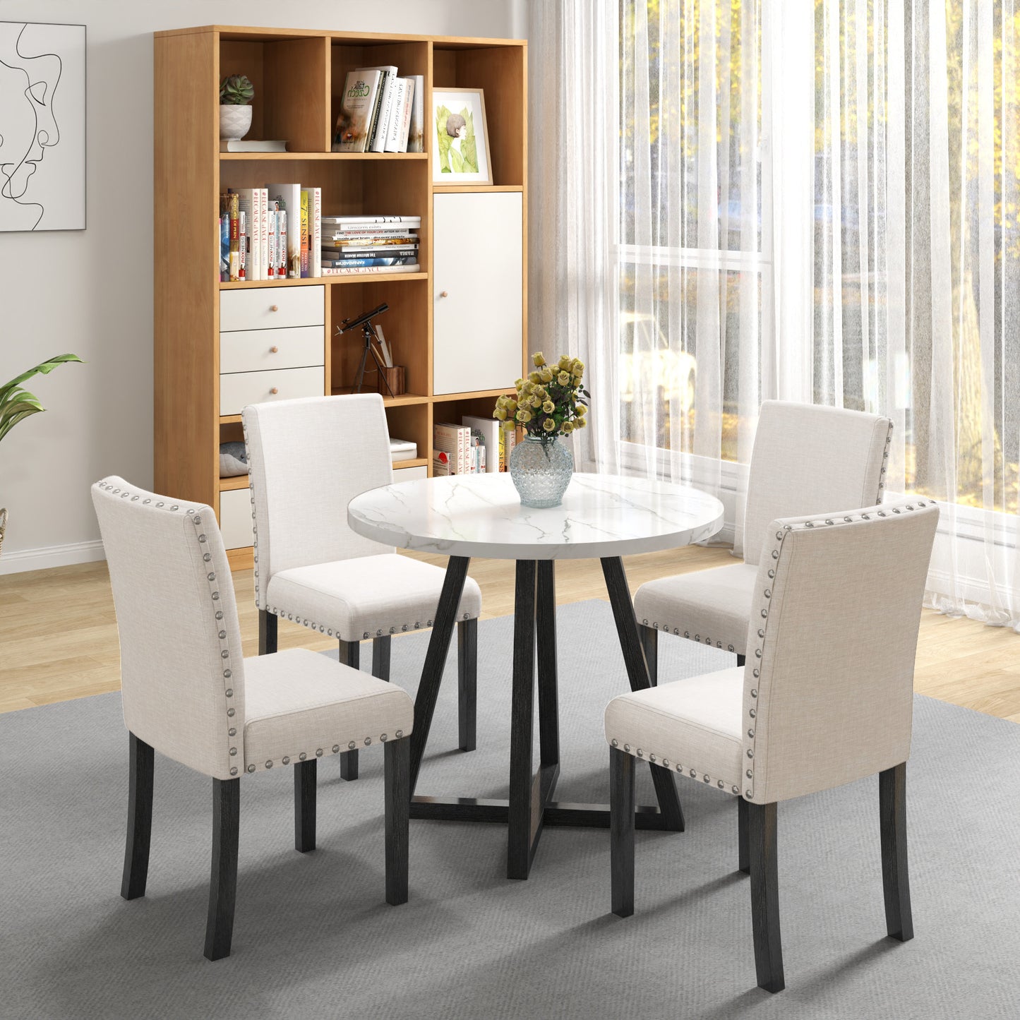 Five-piece dining room set with imitation marble table top, solid wood dining table and 4 chairs, space-saving kitchen and dining room combination furniture.