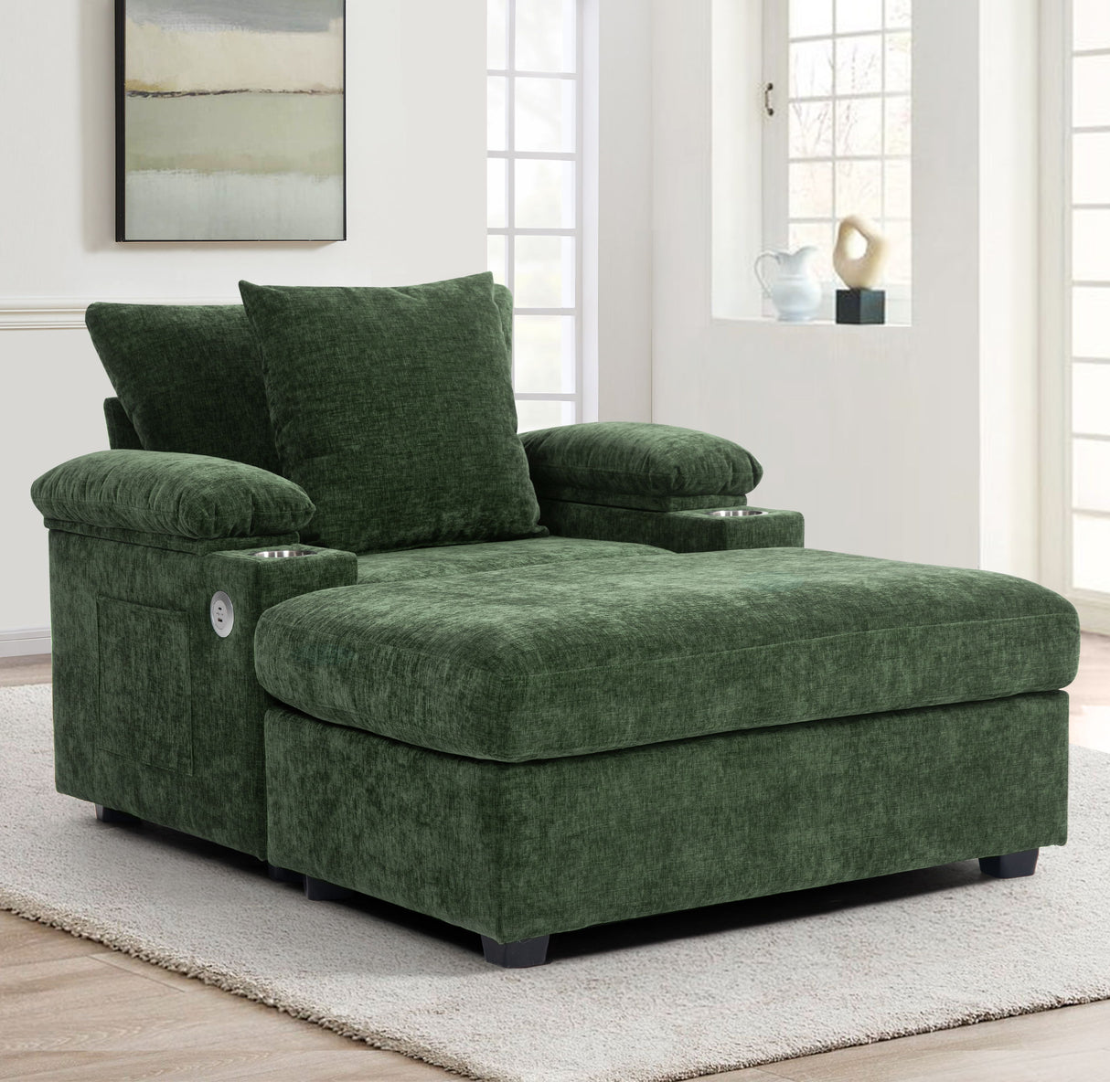 Modern Oversized Chair With Ottoman, Comfy Sofa With Cupholders And USB Charging Ports Chair For Living Room