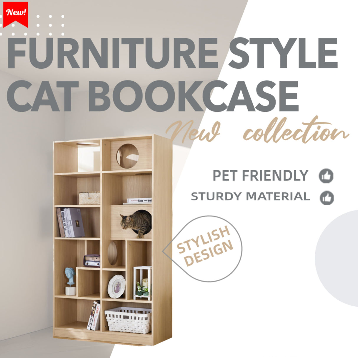 Furniture Style Cat Bookcase Cat Tree Shelves - Natural