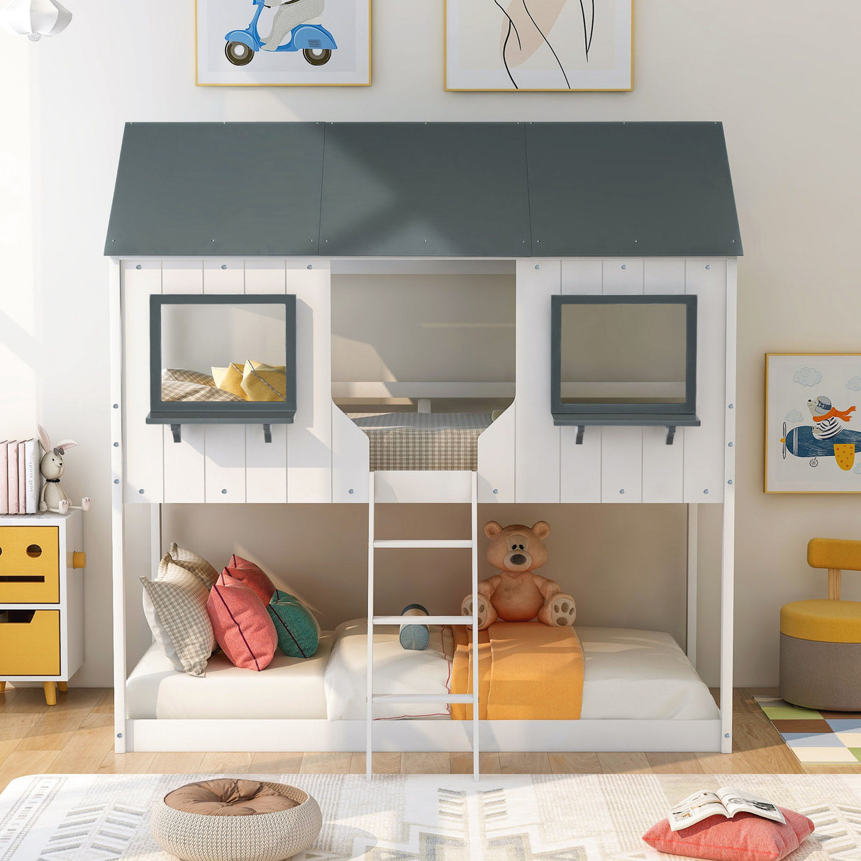 Twin Over Twin Bunk Bed With Roof, Window, Guardrail, Ladder