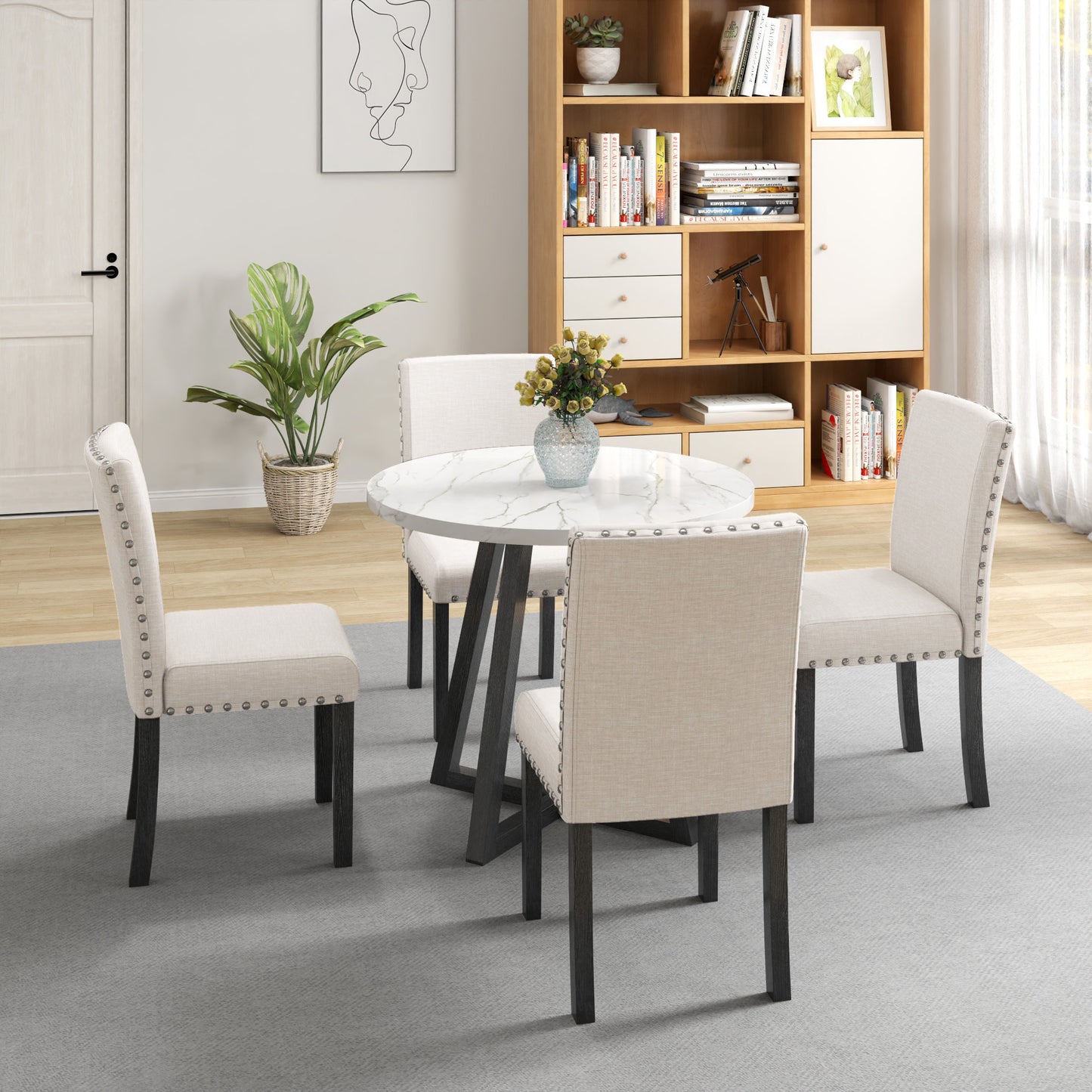 Five-piece dining room set with imitation marble table top, solid wood dining table and 4 chairs, space-saving kitchen and dining room combination furniture.