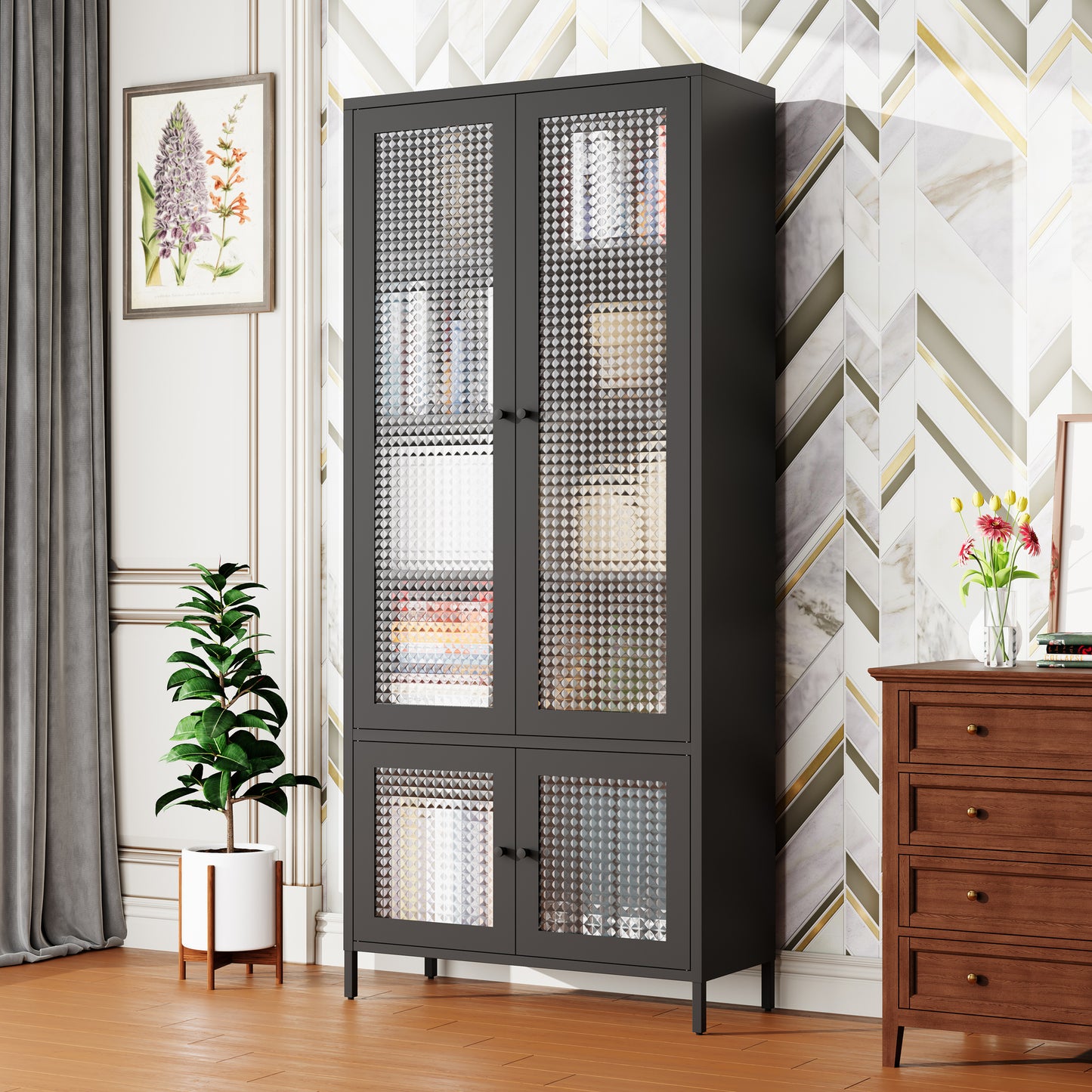 Large Metal Storage Cabinet Display Cabinet with 4 Glass Doors 5 Shelves Side Cabinet Bookcase Freestanding Cabinet for Bedroom Living Room Pantry Home Office - Black, Waffle-Grids  Tempered Glass