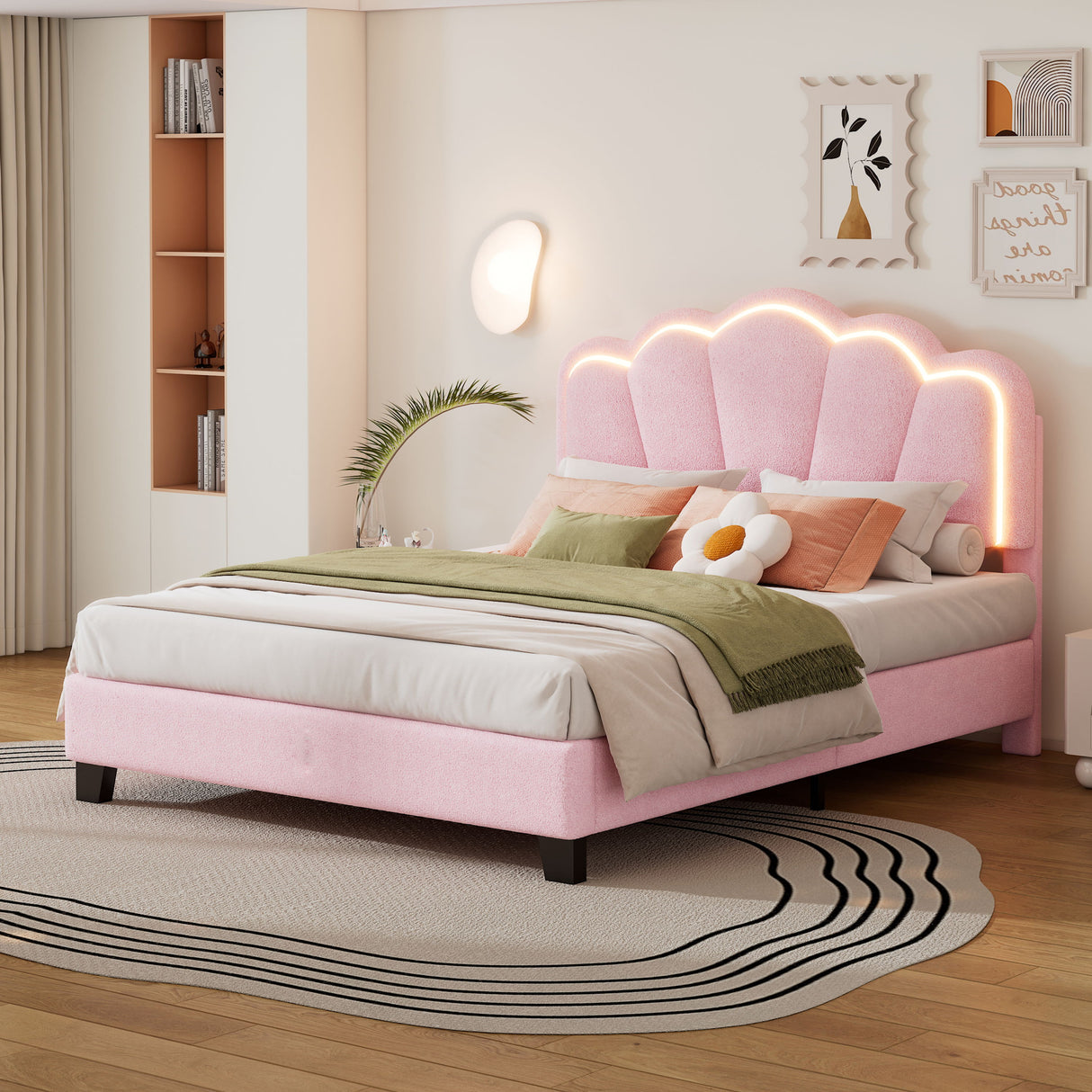 Upholstered Elegant Flowers Headboard With LED Light Strip, Platform Bed With Slats Support