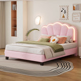 Upholstered Elegant Flowers Headboard With LED Light Strip, Platform Bed With Slats Support
