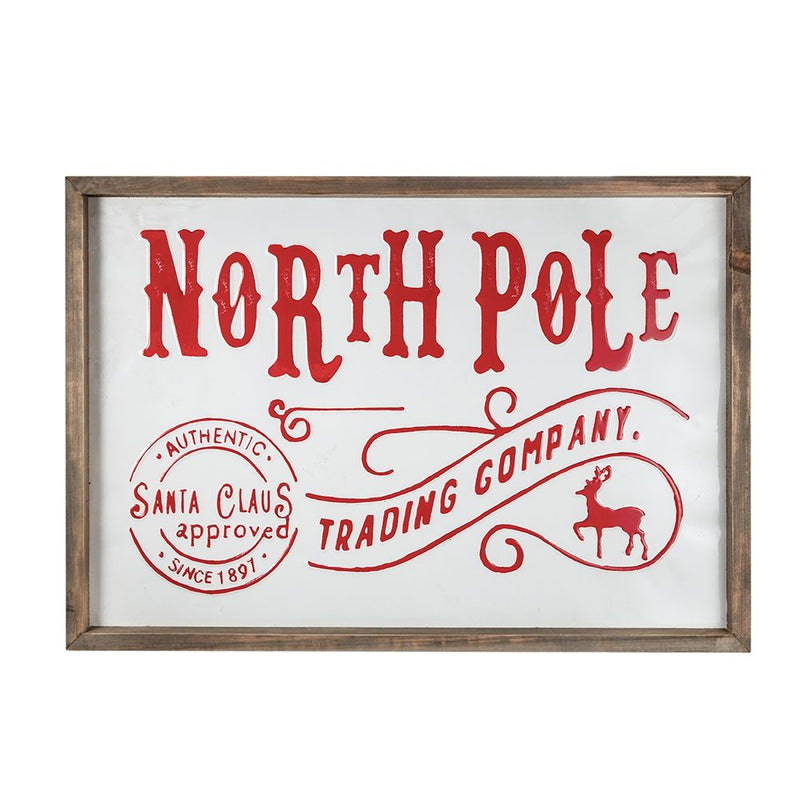 Iron / Wood North Pole Trading Company Wall Sign, For Christmas Holiday Table Wall Decor - White / Red
