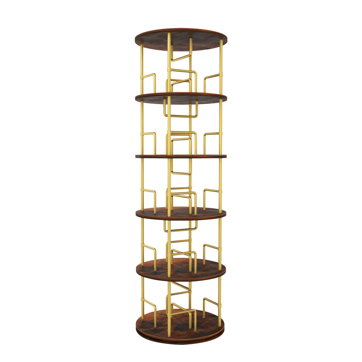 5 Tier 360 Rotating Bookshelf, Display Round Floor Standing Swivel Bookcase For Bedroom - Golden