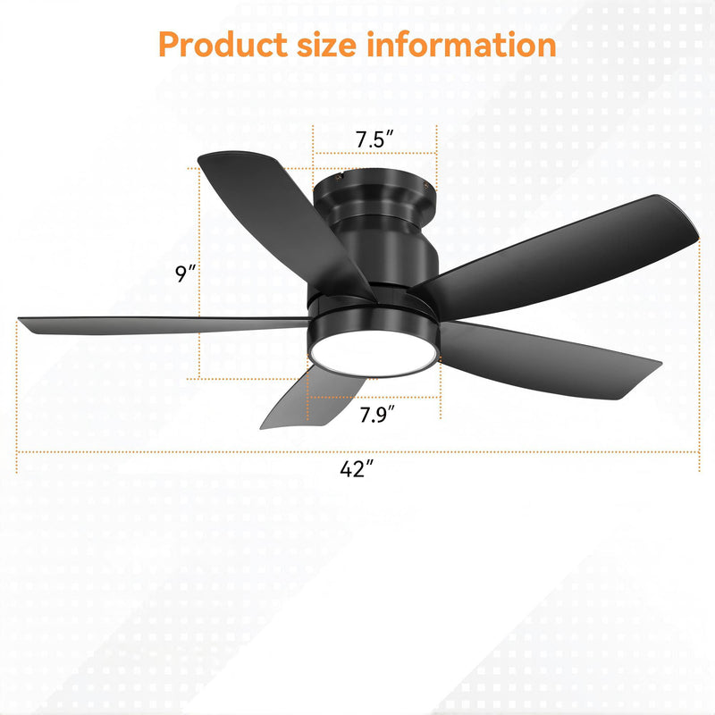 Flush Mount Ceiling Fan With 18W LED Light And Remote Control Blades - Black