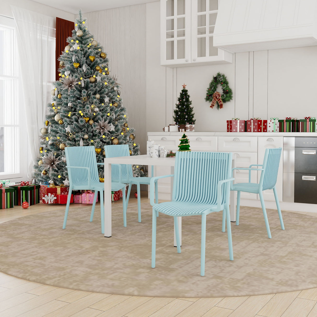 4 Modern Stackable Armchair Matched With Long Table