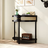 Boho Rattan Semi Circle End Table With Sliding Rattan Door, Storage And Bottom Shelf