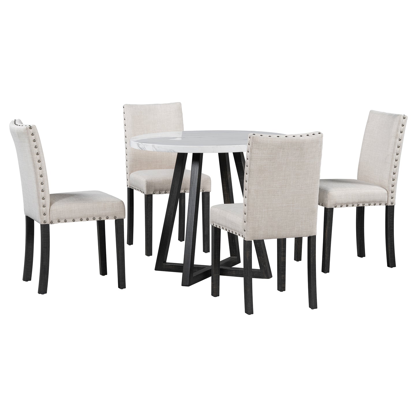 Five-piece dining room set with imitation marble table top, solid wood dining table and 4 chairs, space-saving kitchen and dining room combination furniture.