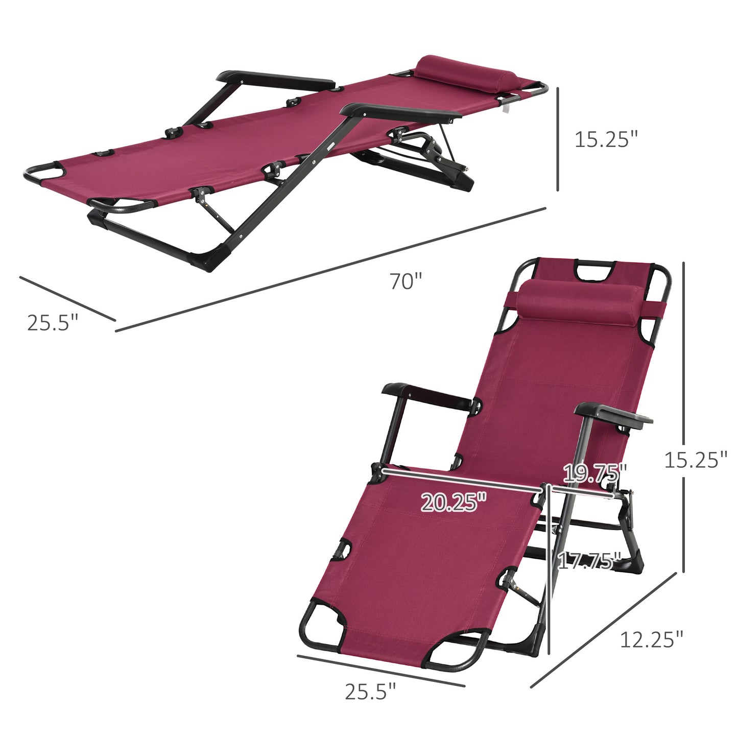 Outsunny Folding Chaise Lounge Chair for Outside, 2-in-1 Tanning Chair with Pillow & Pocket, Adjustable Pool Chair for Beach, Patio, Lawn, Deck, Red