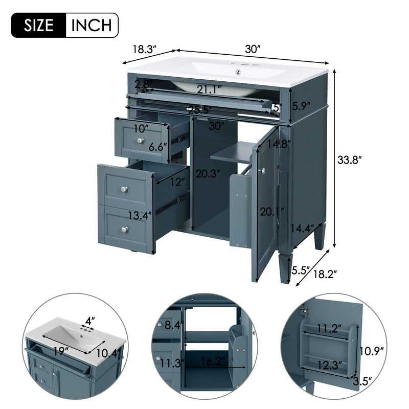Bathroom Vanity With Top Sink, Storage Cabinet With 2 Drawers And Tip Out Drawer, Rectangular Design - Blue