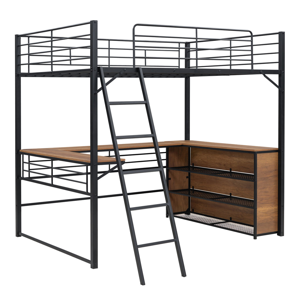 Loft Bed & 3 Layers Of Shelves And L-Shaped Desk