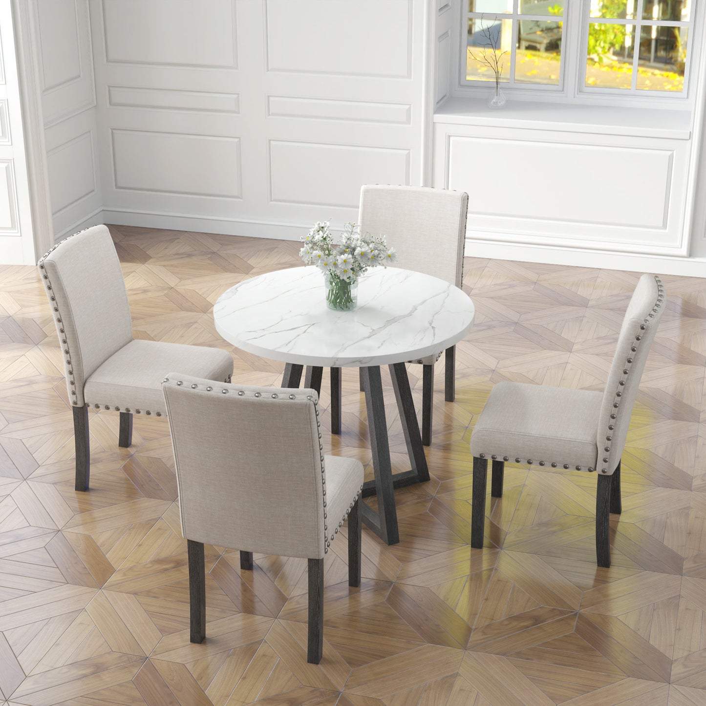 Five-piece dining room set with imitation marble table top, solid wood dining table and 4 chairs, space-saving kitchen and dining room combination furniture.