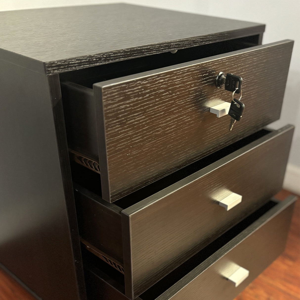 3 Drawer Nightstand Locking Top Drawer Metal Drawer Glides Metal Bar Handles