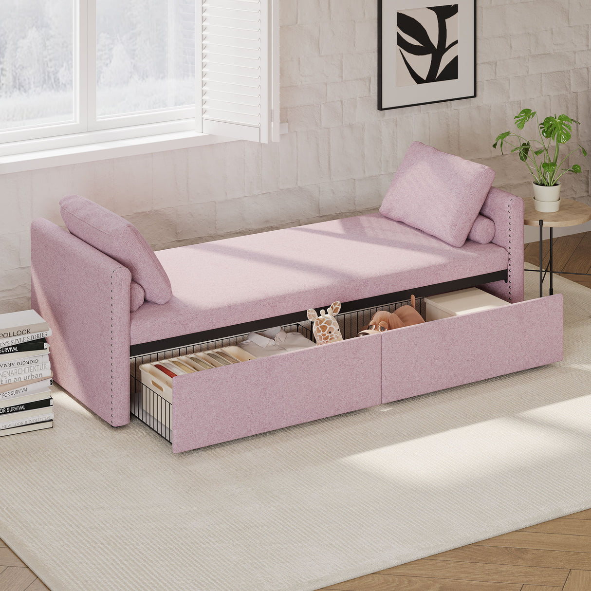 Modern Upholstered Chaise Lounger Daybed With Pillows Small Single Daybed, No Mattress Needed