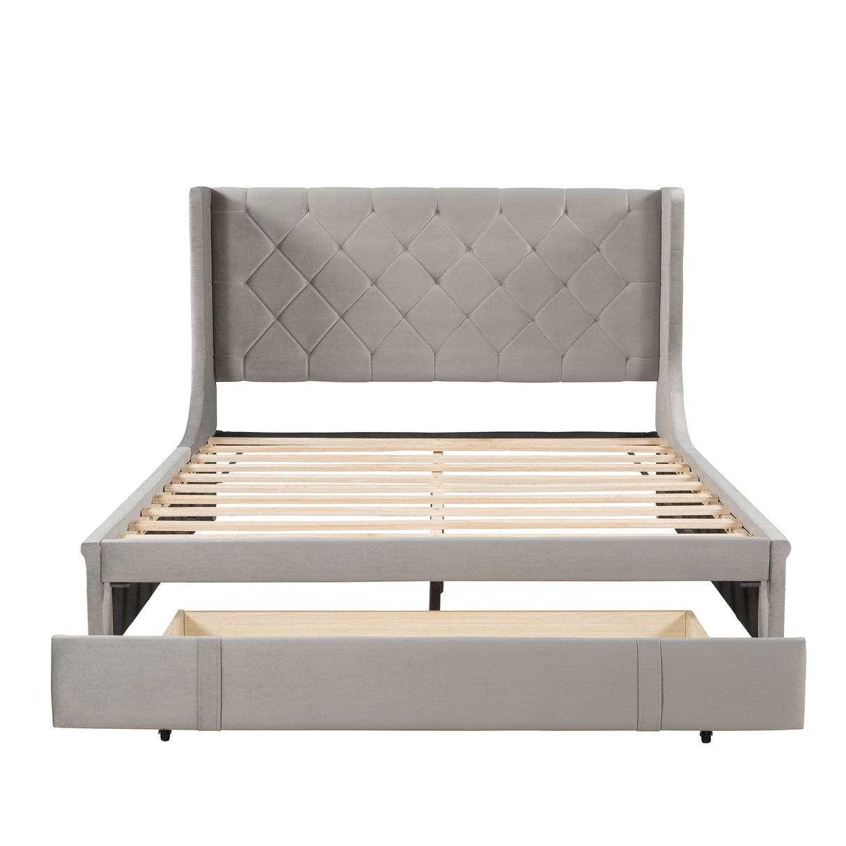 Storage Bed Velvet Upholstered Platform Bed With Wingback Headboard And A Big Drawer