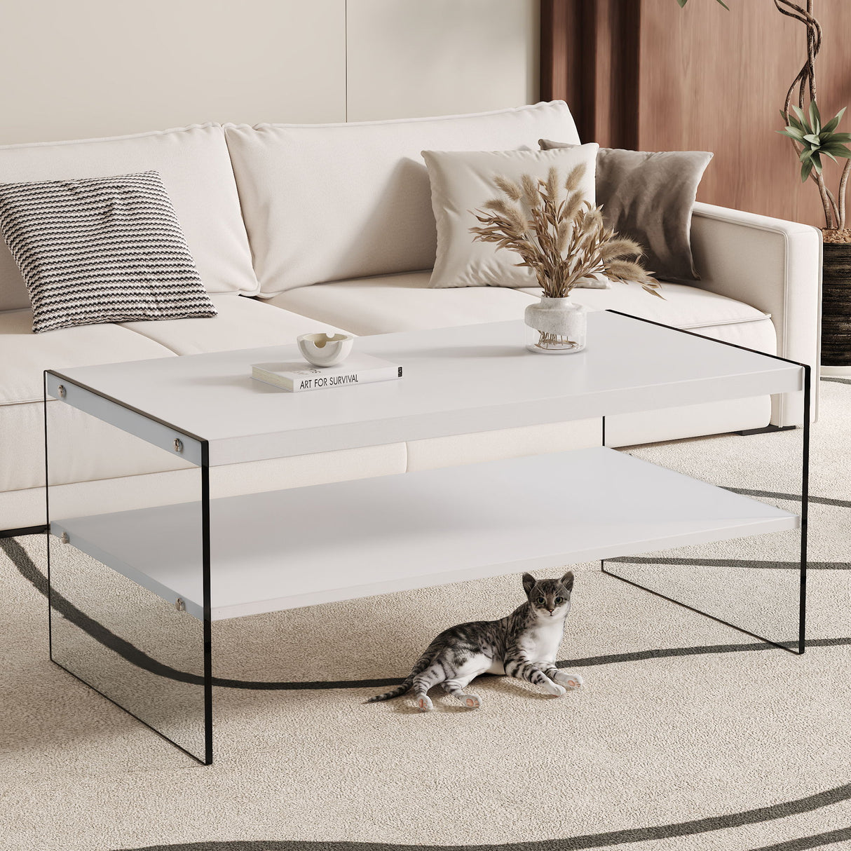 Modern Double Rectangular Coffee Table With Storage Function And Transparent Tempered Glass - White