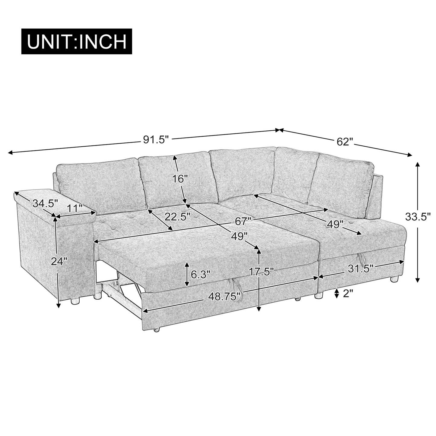 Mirod 91.5-Inch L Shaped Couch with Pull Out Bed and Storage Sectional Sleeper Sofa with Hidden Storage , Wide Armrest with storage,for Living Room, Apartment, Bedroom, Office