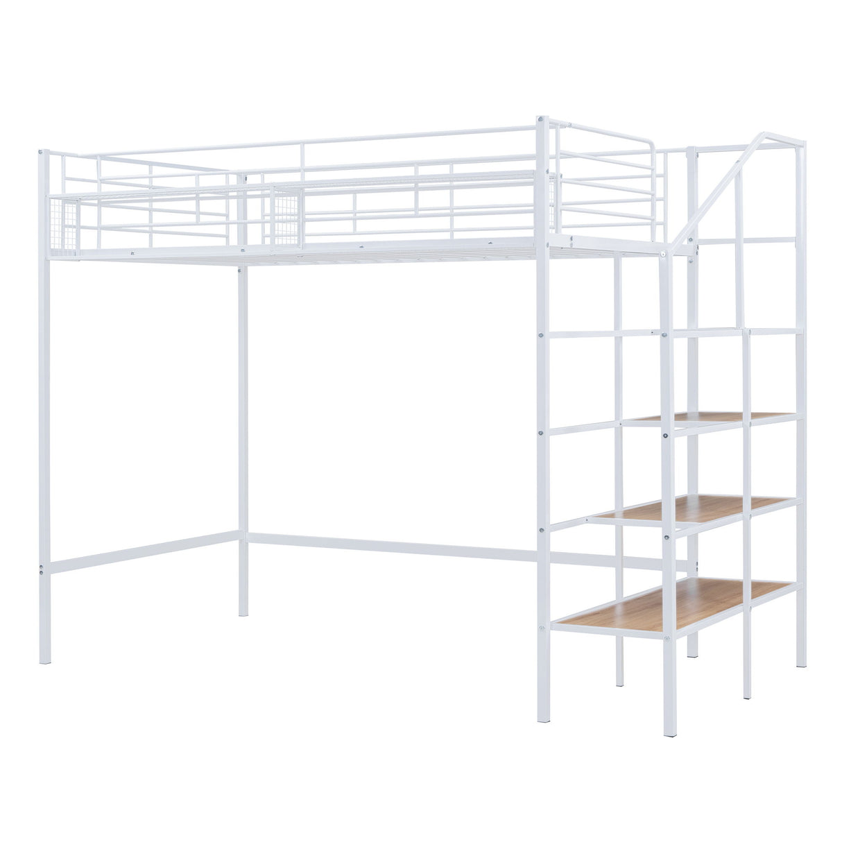 Loft Bed With Upper Grid Storage Shelf And Lateral Storage Ladder