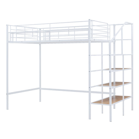 Loft Bed With Upper Grid Storage Shelf And Lateral Storage Ladder
