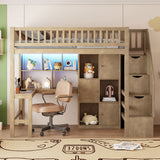 Loft Bed With Built In L Shaped Desk, LED Lights, Storage Shelves, Cabinets, And Staircase