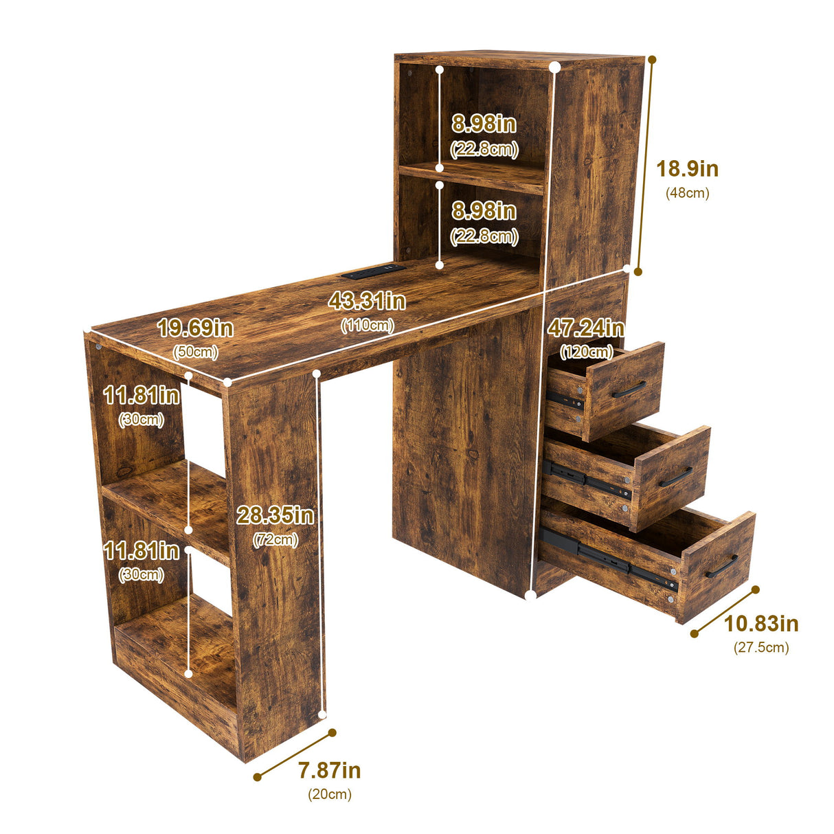 Computer Desk With 4 In 1 Socket & 3 Drawers, 4 Tier Shelves