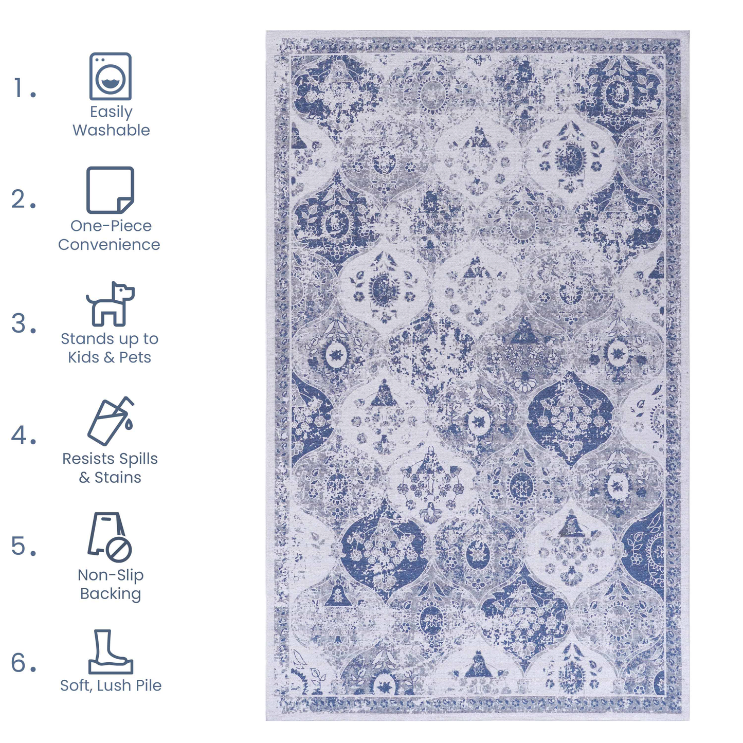 Area Rugs 8x10 for Bedroom, Washable Rug, Low-Pile, Non-Slip, Non-Shedding, Foldable, Kid&Pet Friendly - Area Rugs for living room, bedroom, kitchen, dining room, Blue Area Rug - (Blue, 8' x 10')