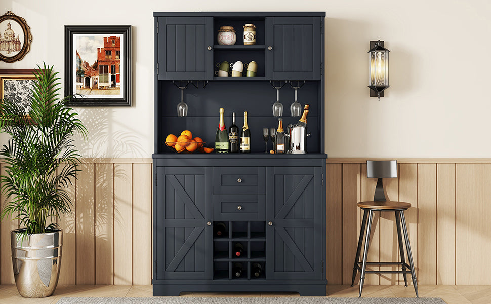 Coffee Bar Cabinet Kitchen Cabinet with Storage, Farmhouse Wine Cabinet with Drawers shelves and cabinets, Buffet Cabinet Wine & Glass Racks for Dining Room, Kitchen, Dark Blue