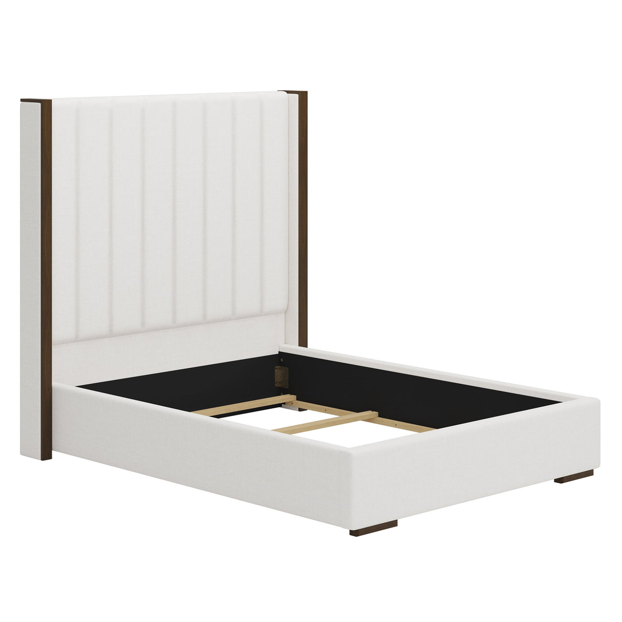 Tall Headboard Upholstered Bed With Vertical Striped And Wingback Design, Box Spring Needed