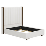 Tall Headboard Upholstered Bed With Vertical Striped And Wingback Design, Box Spring Needed
