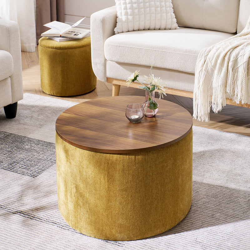 Classic 2 Piece Round Storage Ottoman Set With Drum Shaped Stool