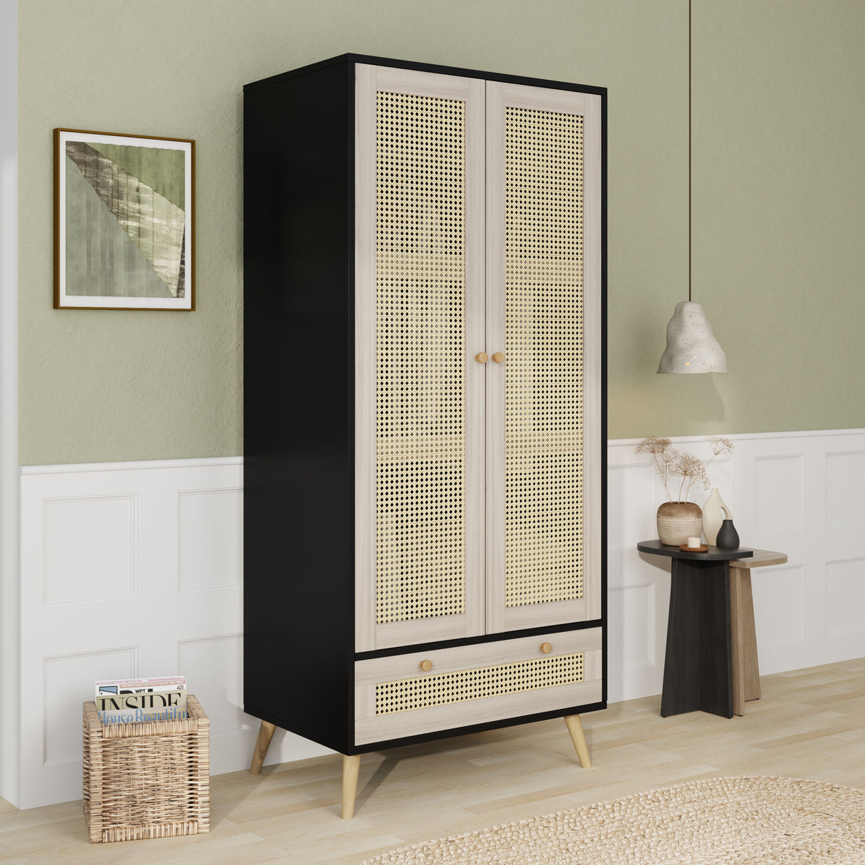 Tall Armoire Wardrobe Closet With 2 Rattan Doors & 1 Drawer, Boho Clothes Storage Cabinet With Hanging Rod For Bedroom - Natural / Black