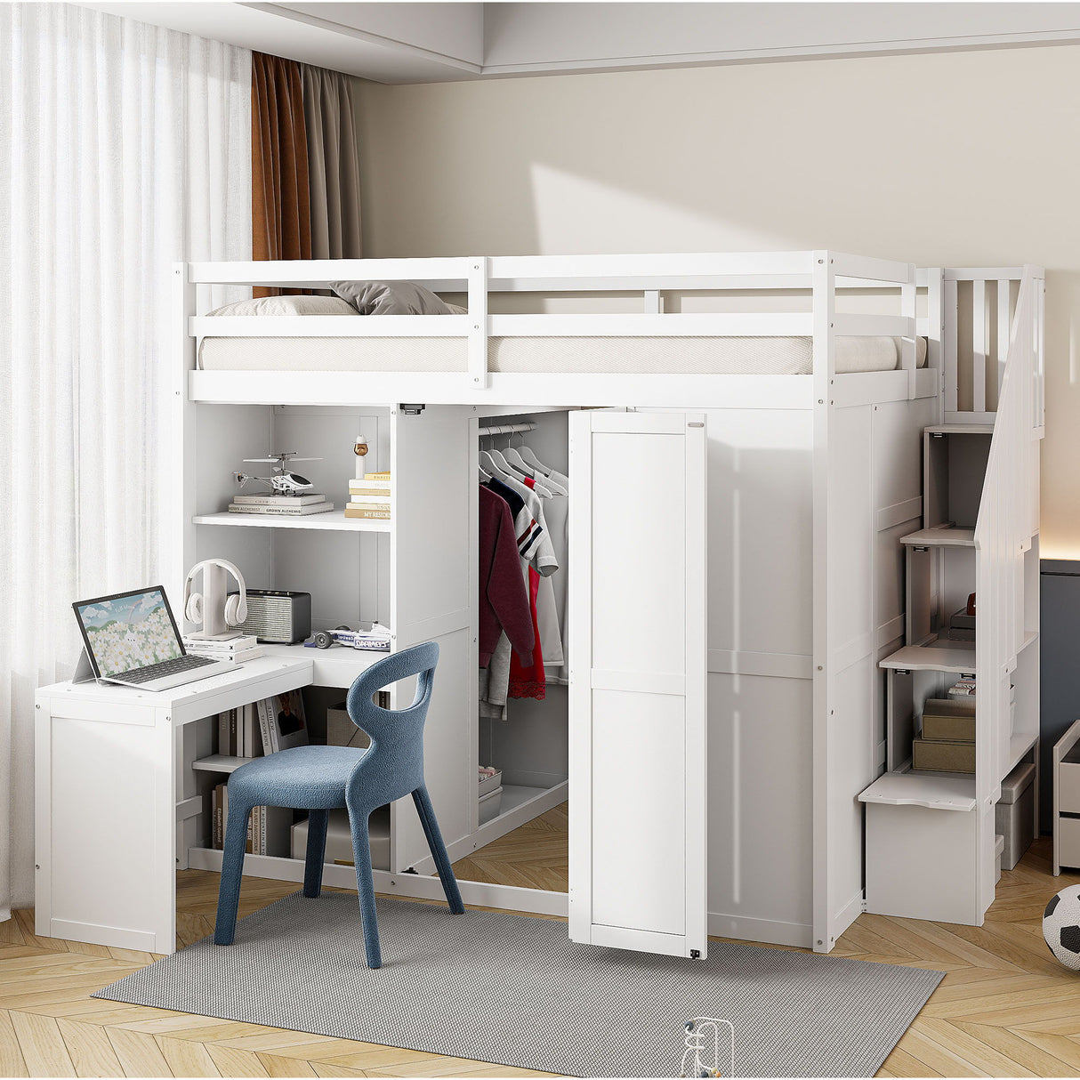Loft Bed With Wardrobe, Desk And Shelves
