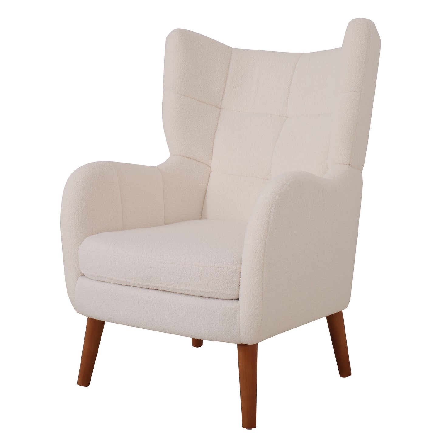 Mid-Century Ivory White High Back Accent/Club Chair with Thick Cushion, Modern Armchair with Round Arm and Birch Wood Legs, Teddy Wool Fabric, for Living Room, Office, Balcony, Bedroom and Study Room