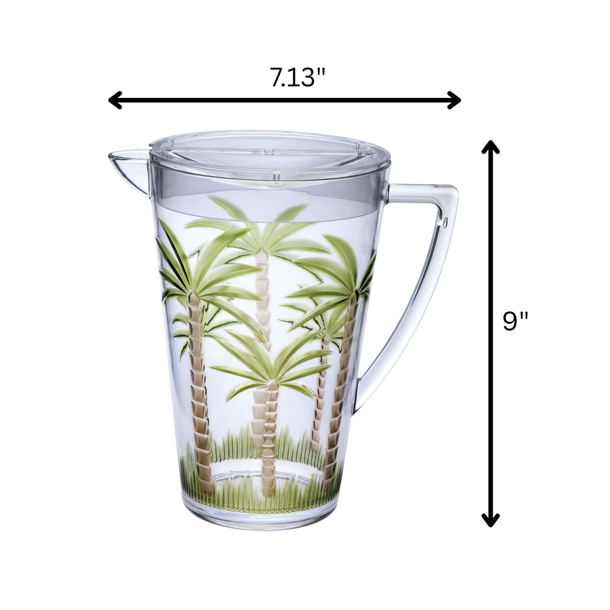 Unbreakable Plastic Water Pitcher With Lid, Palm Tree Design - Clear