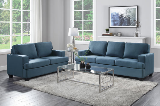 Transitional Style 2pc Sofa Set Blue Textured Fabric Upholstered Sofa and Loveseat Track Arms Solid Wood Frame Living Room Furniture 1pc