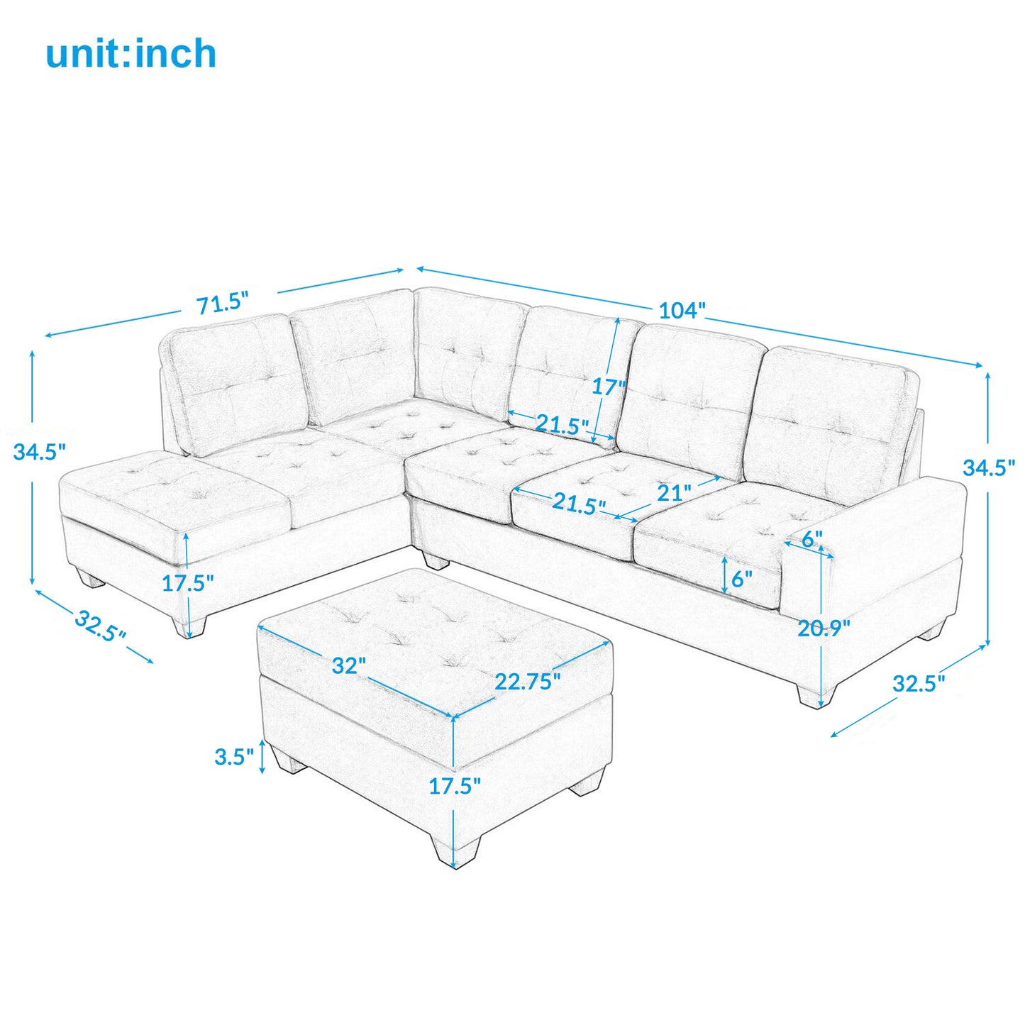 Orisfur. Sectional Sofa with Reversible Chaise Lounge, L-Shaped Couch with Storage Ottoman and Cup Holders