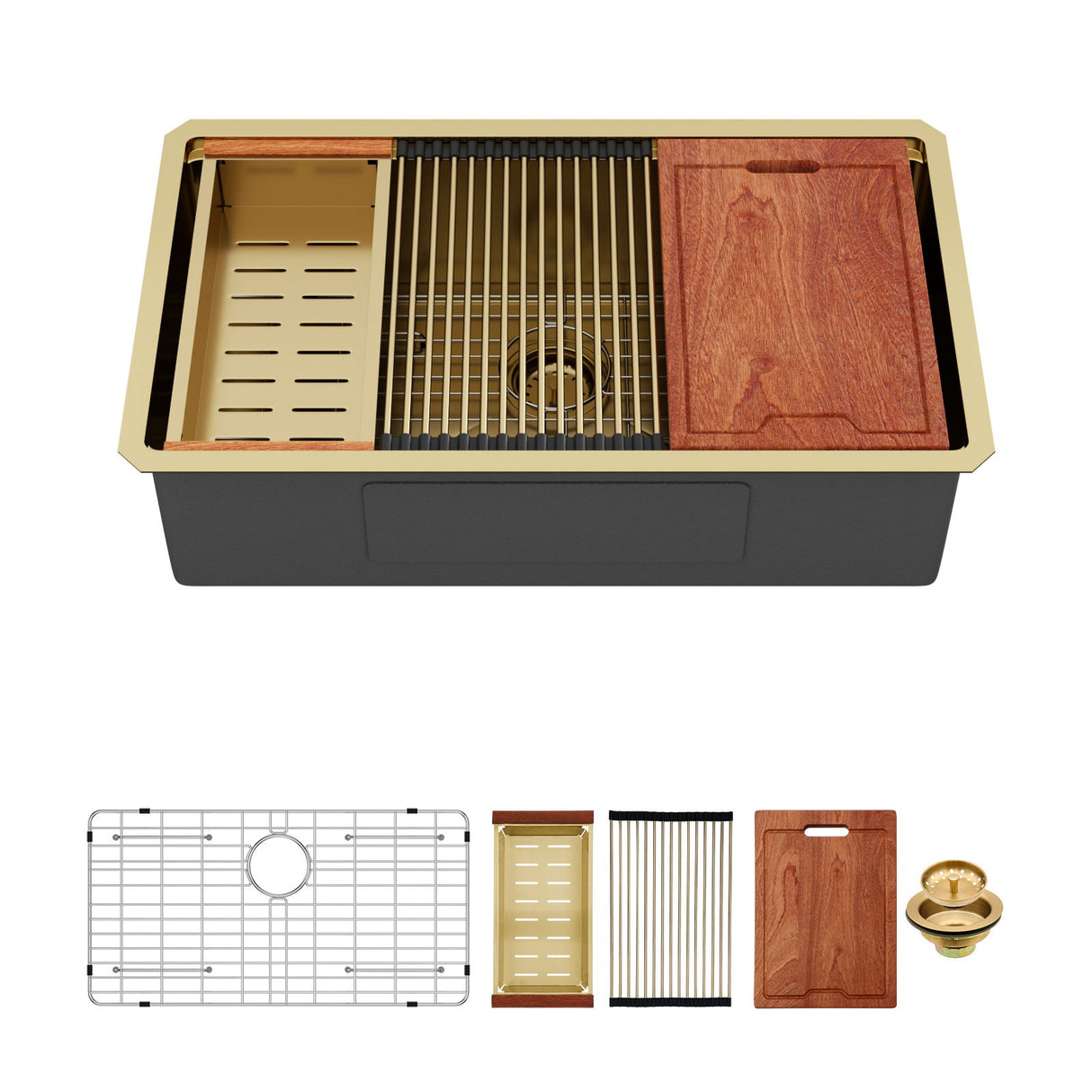 Gold Undermount Kitchen Sink 30" X 19" X 10" Stainless Steel 16 Gauge Deep Single Bowl With Workstation Ledges