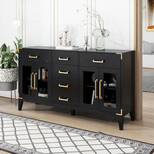 TREXM 6-drawer and 2-Cabinet Retro Sideboard with Extra Large Storage Space, with Gold Handles and Solid Wood Legs, for Kitchen and Living Room (Black)