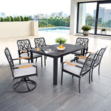 7 Pieces Outdoor Patio Furniture Set, 4 Dining Chairs & 2 Swivel Rockers Sunbrella Fabric, Rectangular Table With Umbrella Hole - Bourbon Brown