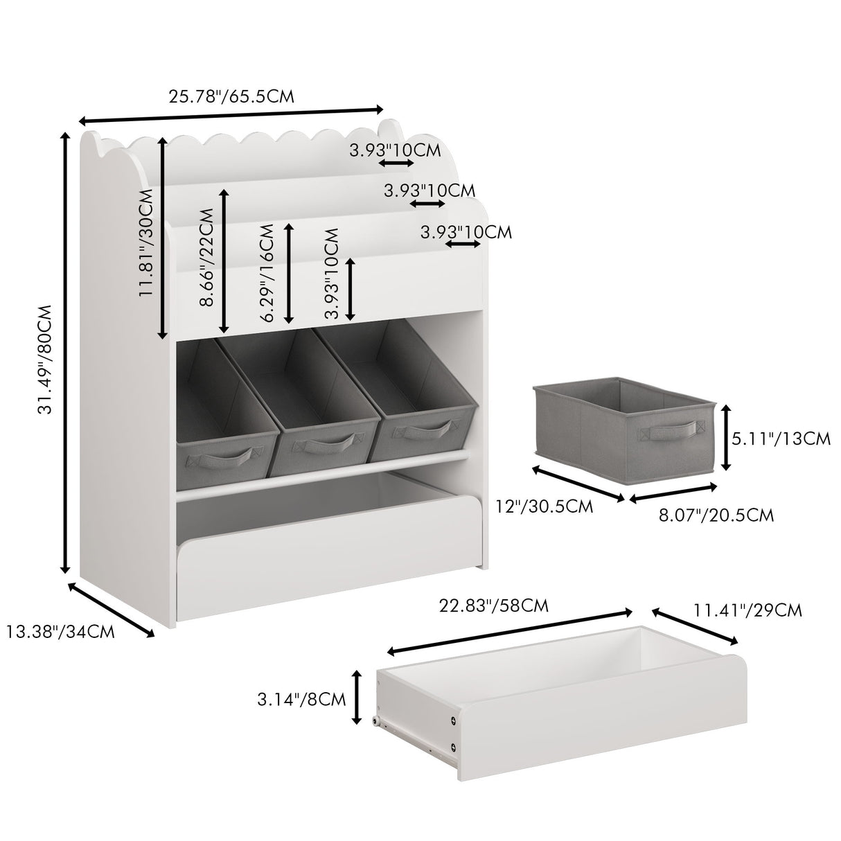 Bookshelf With Storage Bins And Drawer, Multi Functional Book Organizer For Toddlers - White