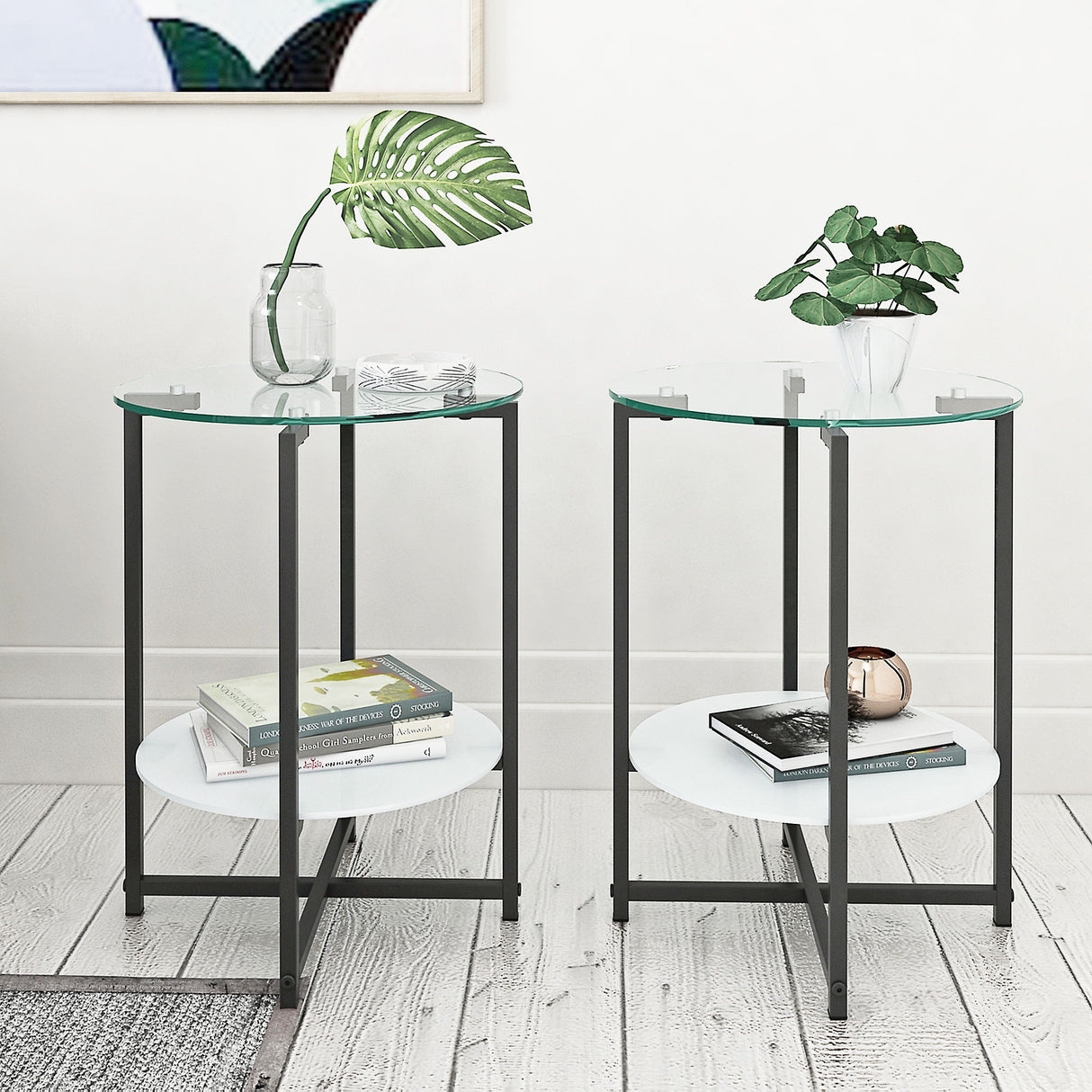 JWS Tempered Glass End Table (Set of 2), Round Coffee Table For Bedroom Living Room Office - Black