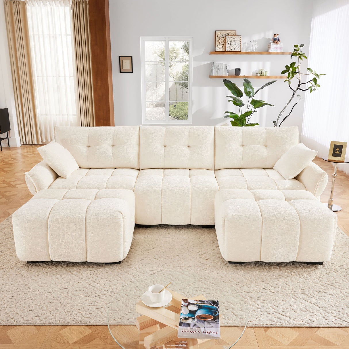 Elegant Sofa Set With Ottoman And Pillows, Textured Chenille, High Resilience Cushions