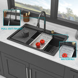 Waterfall Kitchen Sink With Pull Out Faucet & Cup Washer