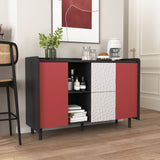 Modern Sideboard Buffet Cabinet With Red Doors And Unique Panel Styling