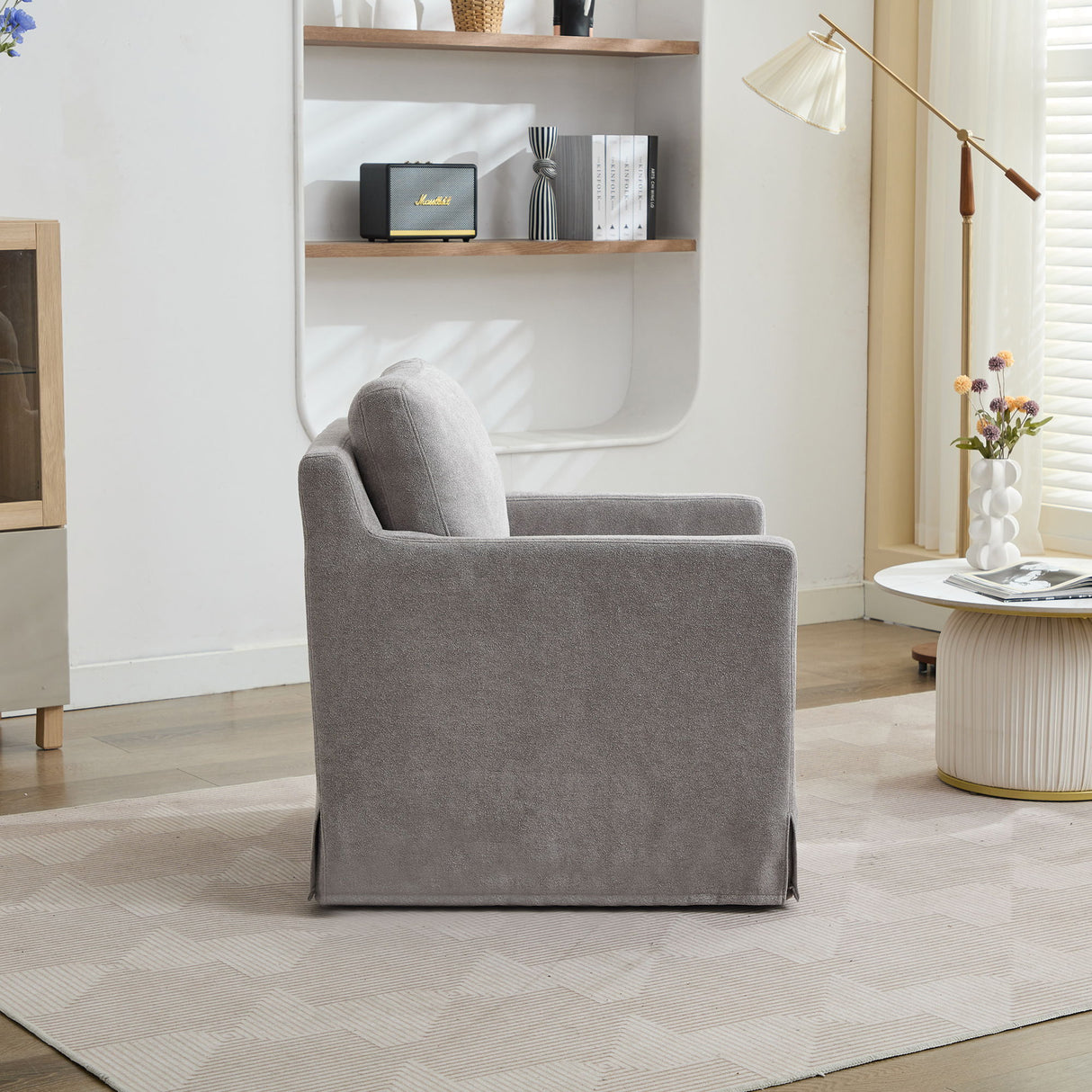 Upholstered Skirted Swivel Chair With Removable Back Cushion For Living Room